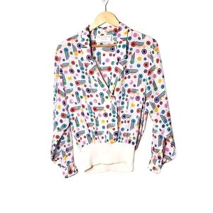 80s Punchy Pop Polka Dot Party Striped Multicolor White Athletic Blouse